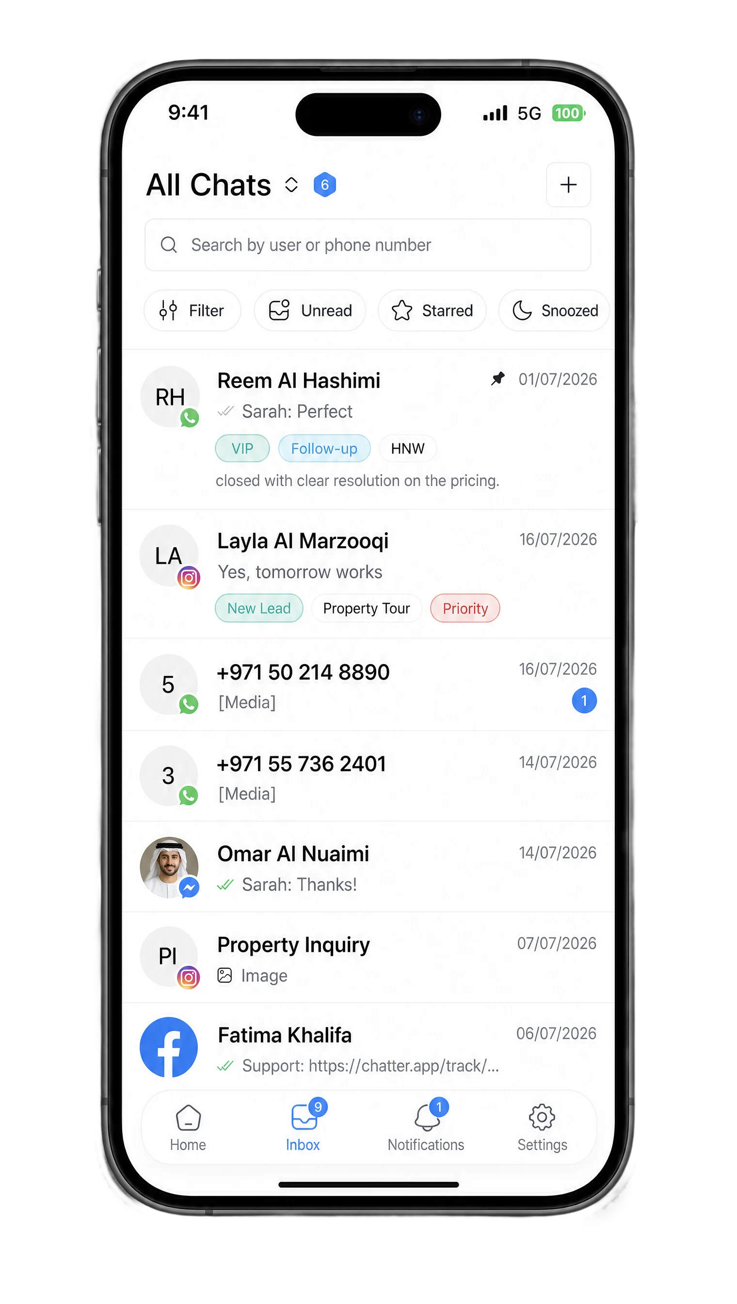 Chatter iOS and Android apps showing the unified inbox on a mobile device.